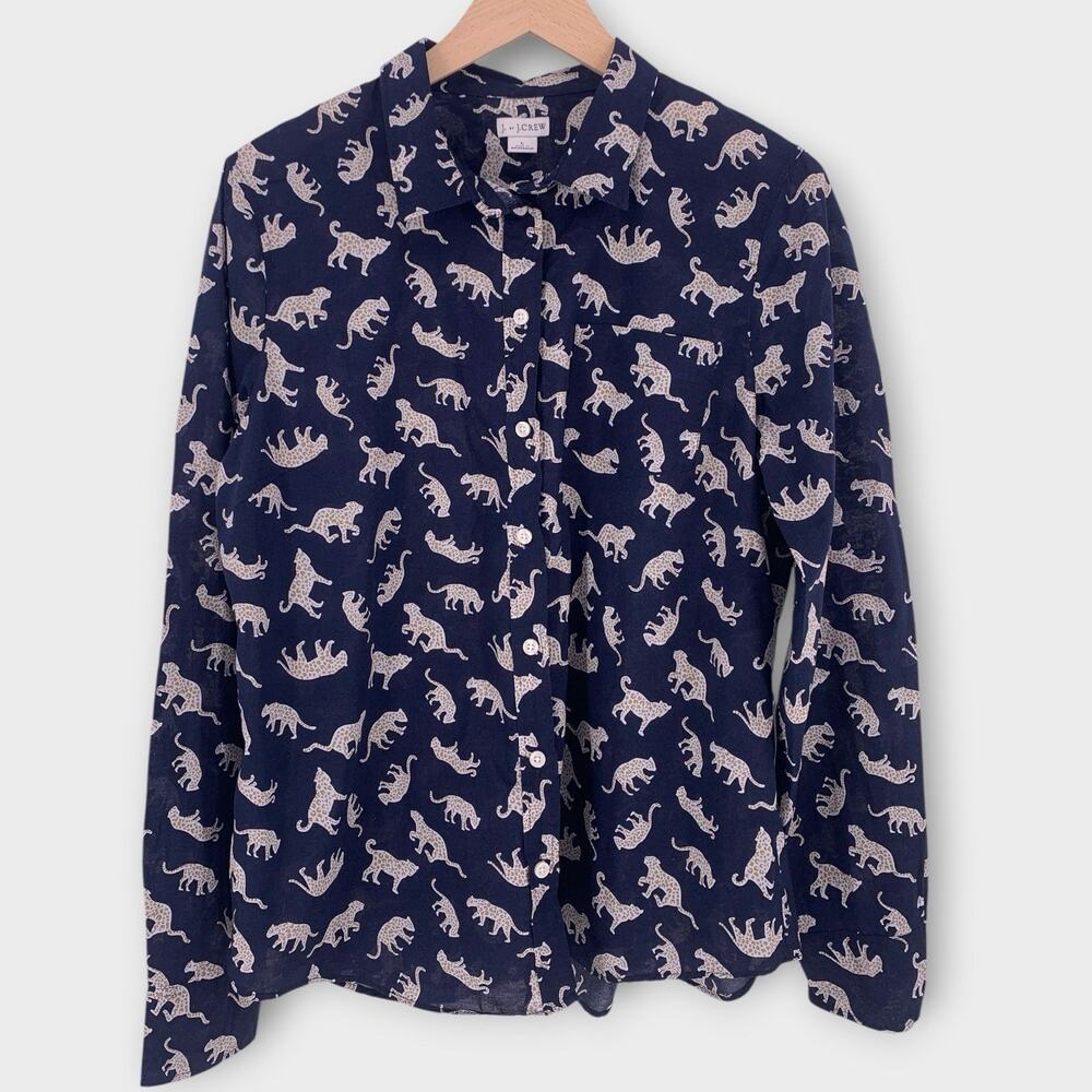 J.Crew Navy Leopard Cheetah Cat Print Button Front Shirt L